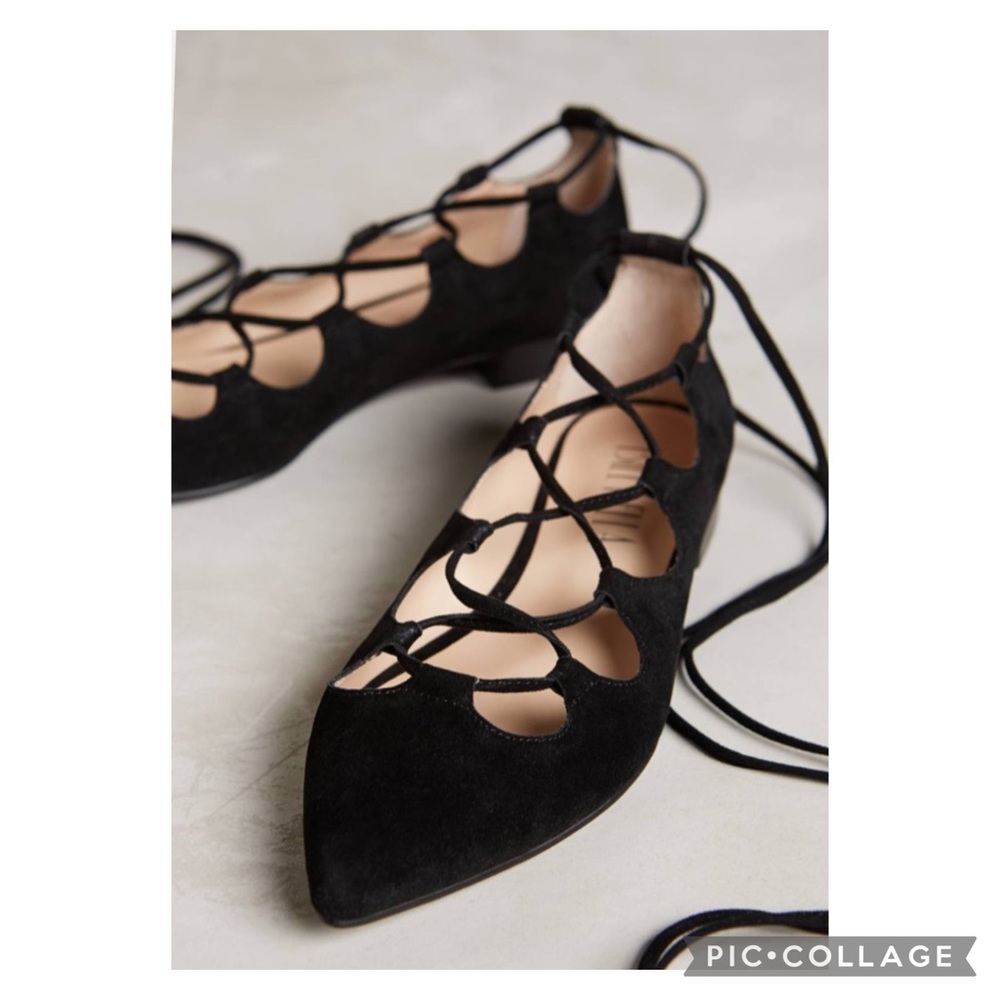 Anthropologie Billy Ella Black Faux Suede Lce-Up Pointy Toe Flats Size 7.5